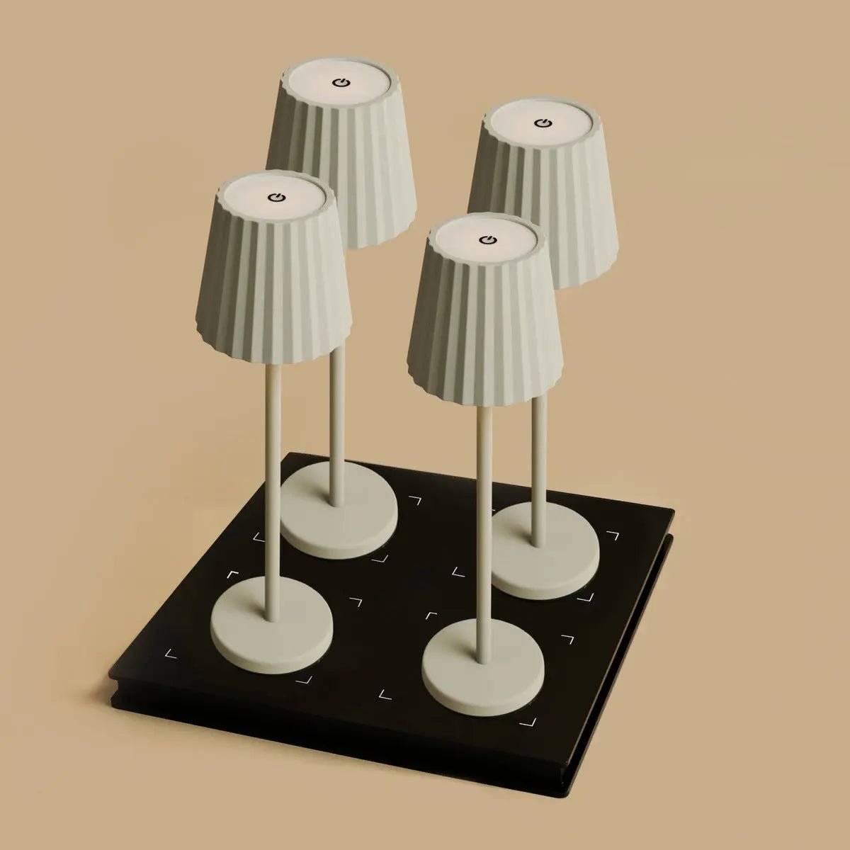 Combi Set Professional – 4 x Maya Shadow Grey Rechargeable Table Lamps & 1 x Amstel Wireless Charging Station with Qi-Technology Tavellio