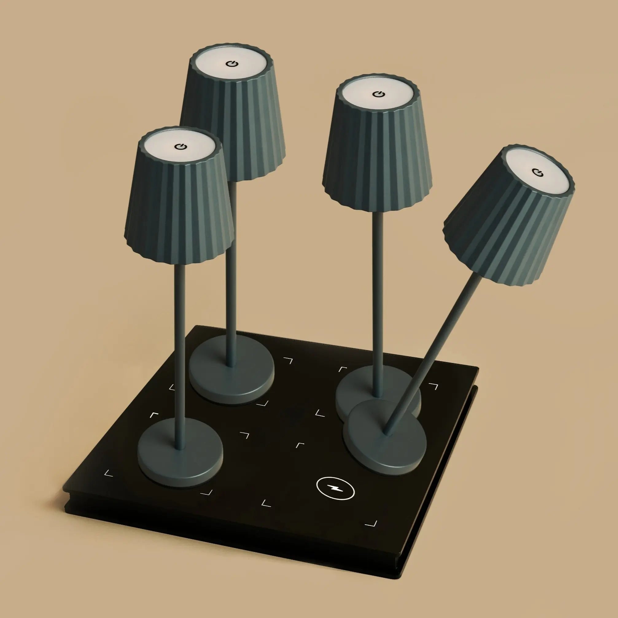 Combi Set Professional – 4 x Maya Stone Grey Rechargeable Table Lamps & 1 x Amstel Wireless Charging Station with Qi-Technology Tavellio