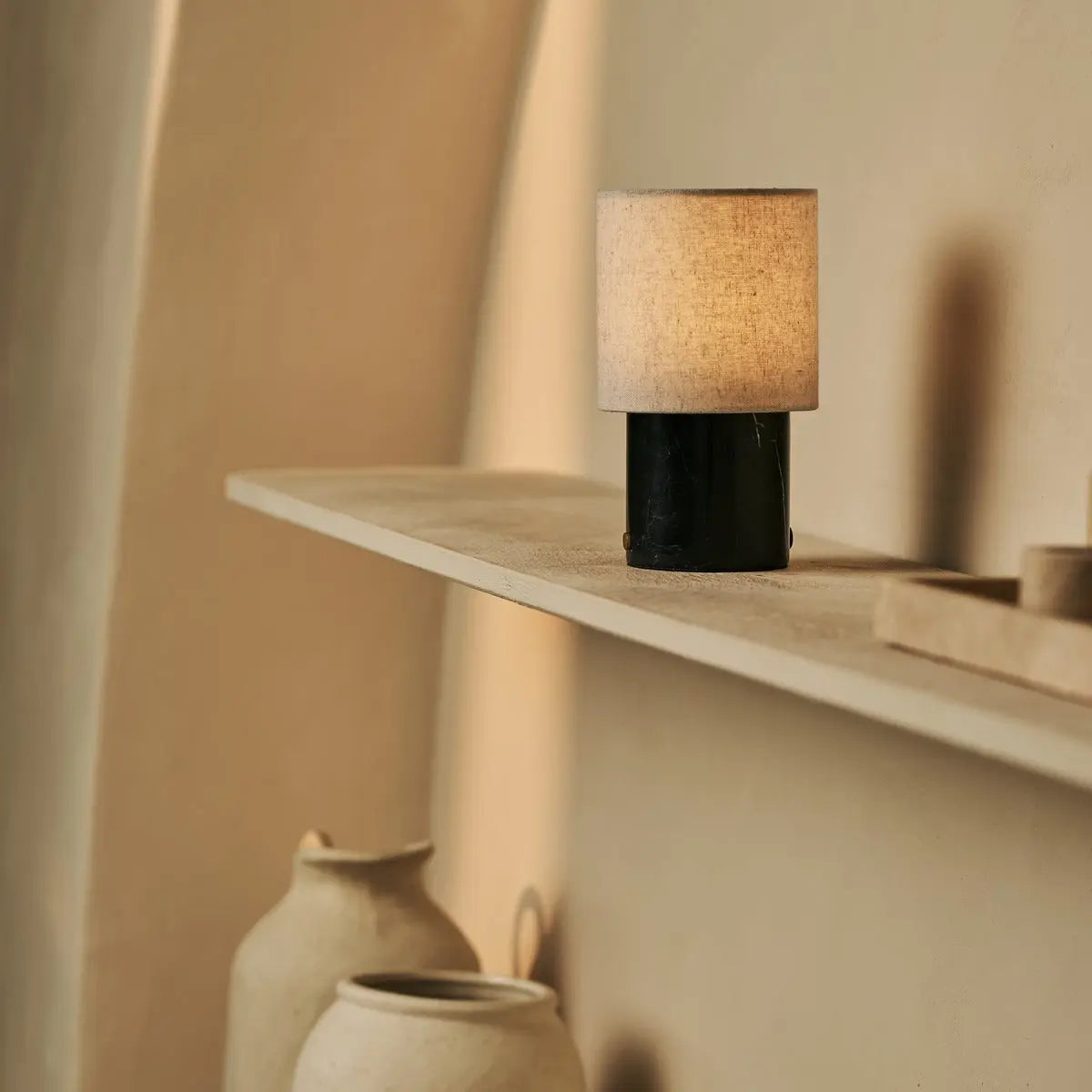 Onoda Black / Nero Marquina – Marble Rechargeable Table Lamp – With Linen Interchangeable Lampshade & Rechargeable Design