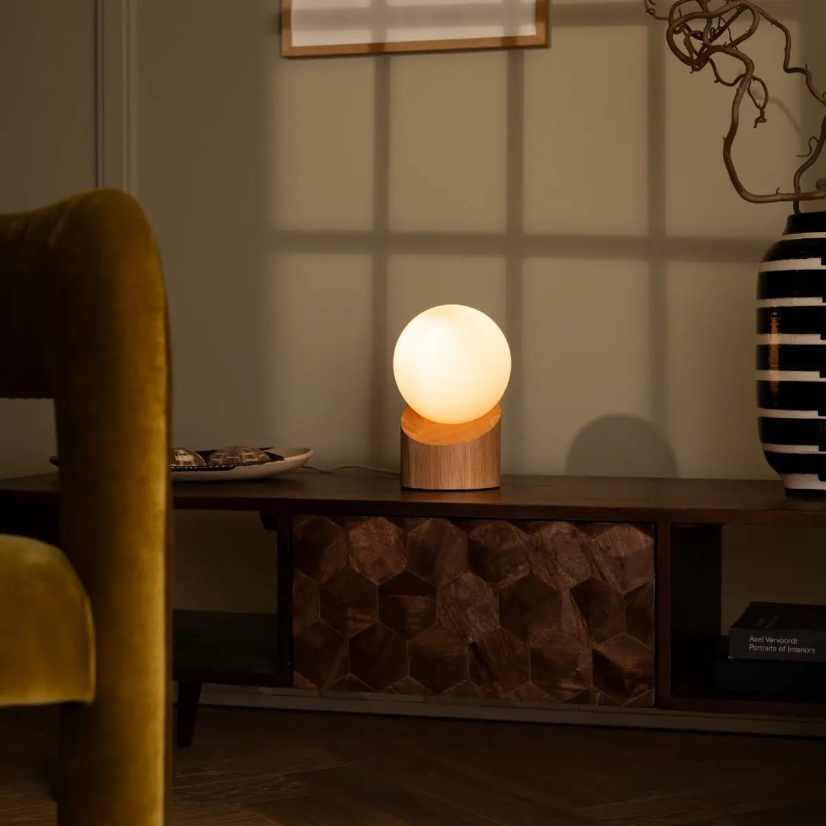 Quinn Wooden Lamp with Cord - Sustainable Rubberwood & Frosted Glass Tavellio