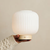 Lyla Lichtbruin Unieke Oplaadbare Lamp - Matglas & Houten Lampvoet, Dimbaar, 3 Lichtstanden
