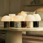 Dou Beige / Travertino Classico – Travertine Rechargeable Table Lamp – Cordless, 3 Light Modes & With Linen Interchangeable Lampshade