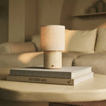 Onoda Beige / Travertino Classico – Travertine Rechargeable Table Lamp – With Linen Interchangeable Lampshade & Rechargeable Design - Tavellio