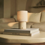 Onoda Beige / Travertino Classico – Travertine Rechargeable Table Lamp – With Linen Interchangeable Lampshade & Rechargeable Design - Tavellio