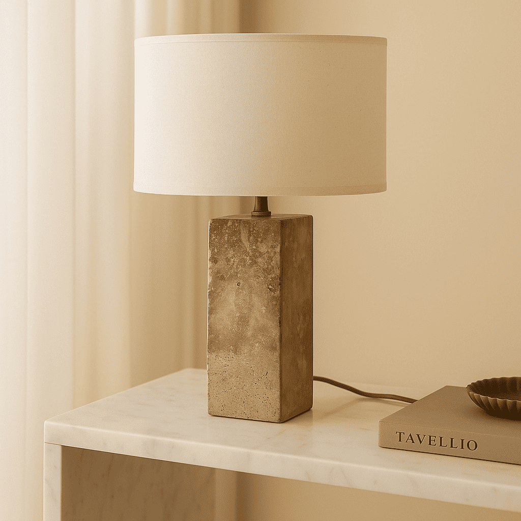 Rosie Travertine Lamp – Elegant Natural Stone with Cotton Shade
