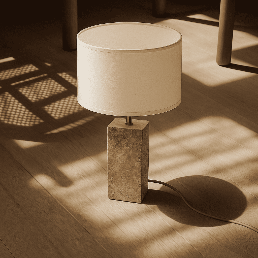 Rosie Travertine Lamp – Elegant Natural Stone with Cotton Shade