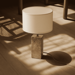 Rosie Travertine Lamp – Elegant Natural Stone with Cotton Shade