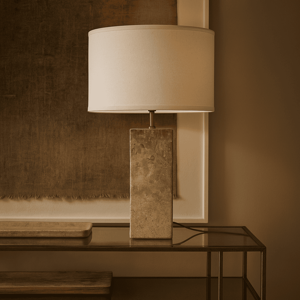 Rosie Travertine Lamp – Elegant Natural Stone with Cotton Shade
