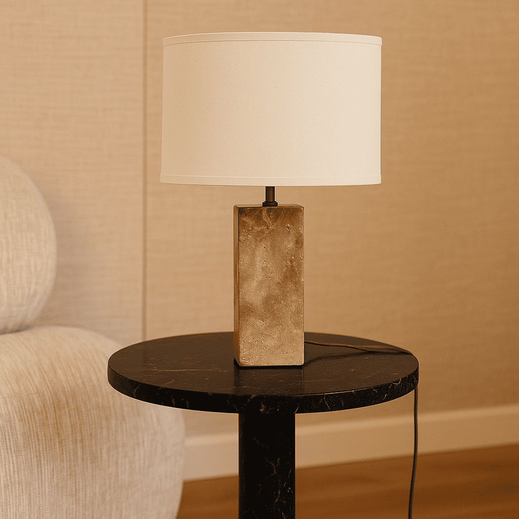 Rosie Travertine Lamp – Elegant Natural Stone with Cotton Shade