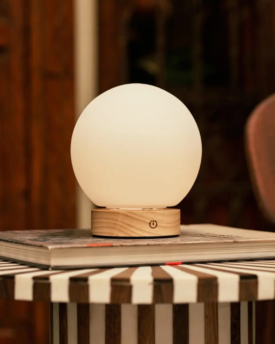 Flore Light Brown Wooden Lamp with Glass Bulb – Rechargeable & Dimmable Cordless Light - Tavellio