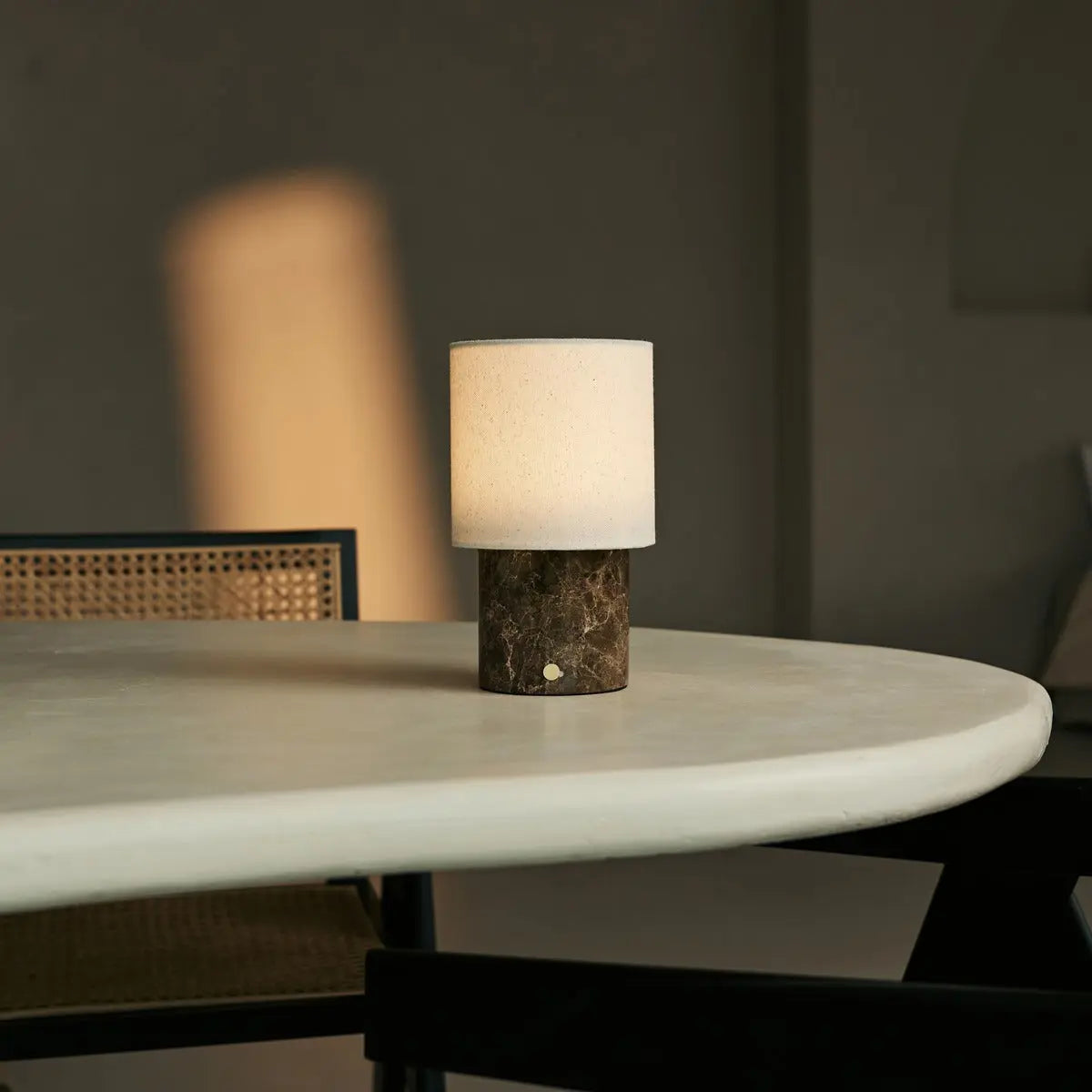 Dou Brown / Emperador Dark – Marble Rechargeable Table Lamp – Cordless, 3 Light Modes & With Linen Interchangeable Lampshade