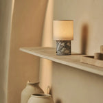 Dou White / Bianco Statuarietto – Marble Rechargeable Table Lamp – Cordless, 3 Light Modes & With Linen Interchangeable Lampshade