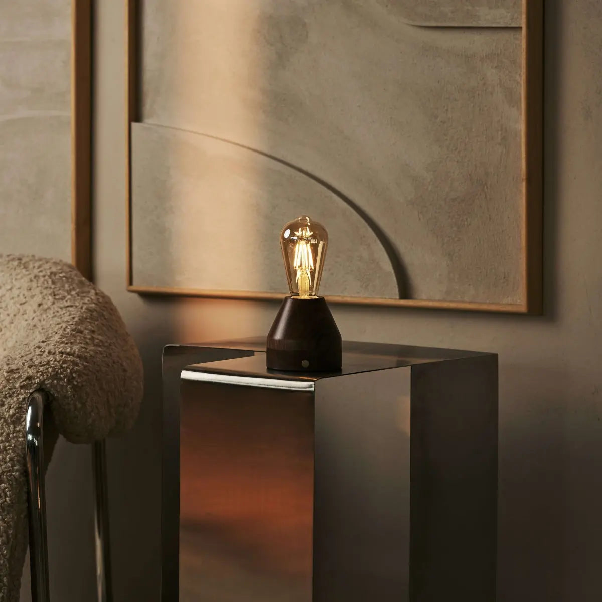 Zavi Walnut Rechargeable LED Table Lamp – Cordless, Dimmable, 100-Hour Battery