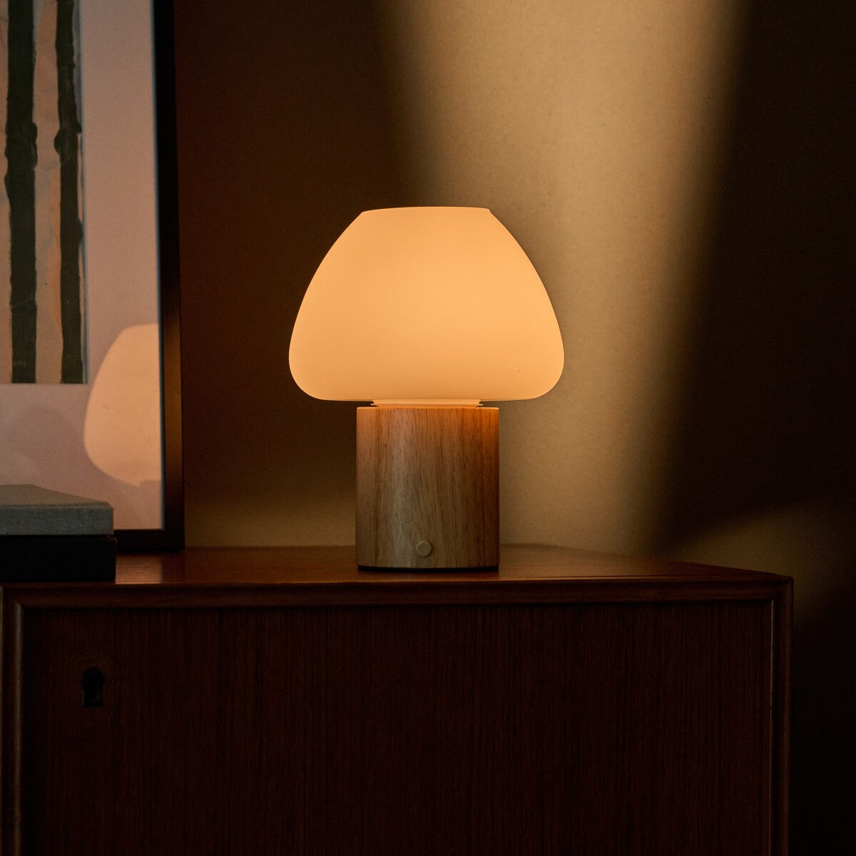 Fynn rechargeable table lamp with mushroom-dome glass shade and light brown wood base on dresser