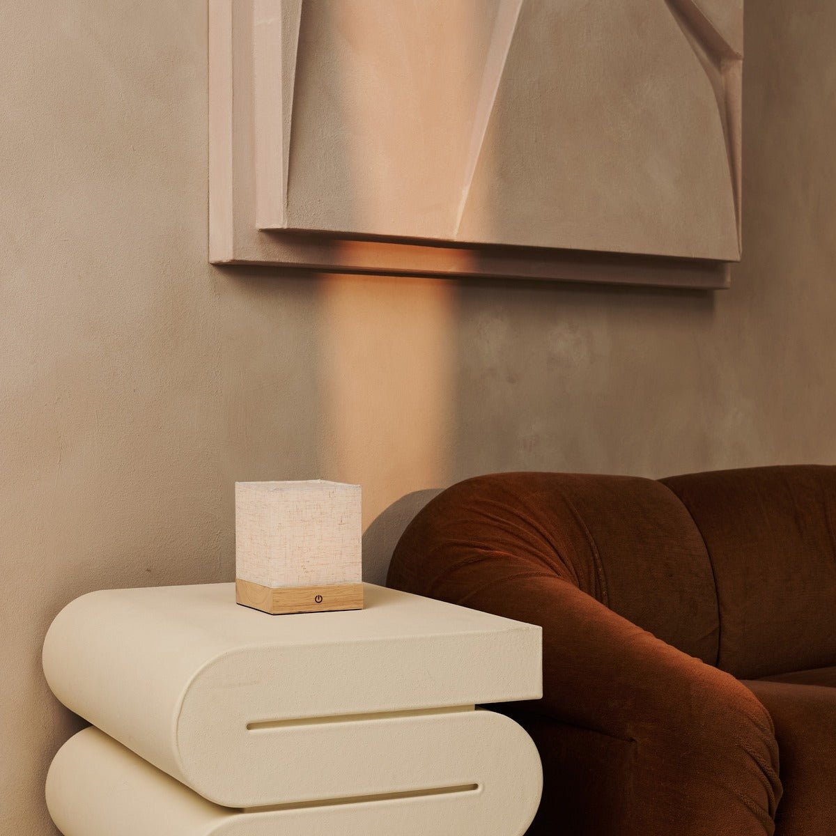 Zano Light Brown Wireless Lamp with Wood and Linen - Mood Lighting, LED Table Lamp with Battery