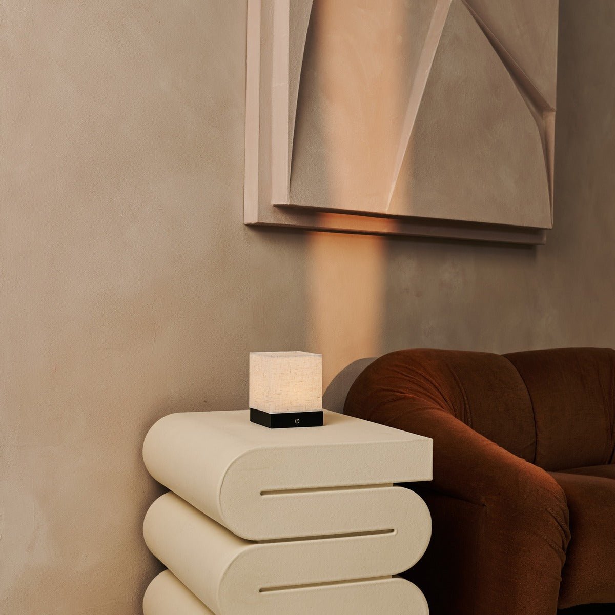 Zano Light Brown Wireless Lamp with Wood and Linen - Mood Lighting, LED Table Lamp with Battery