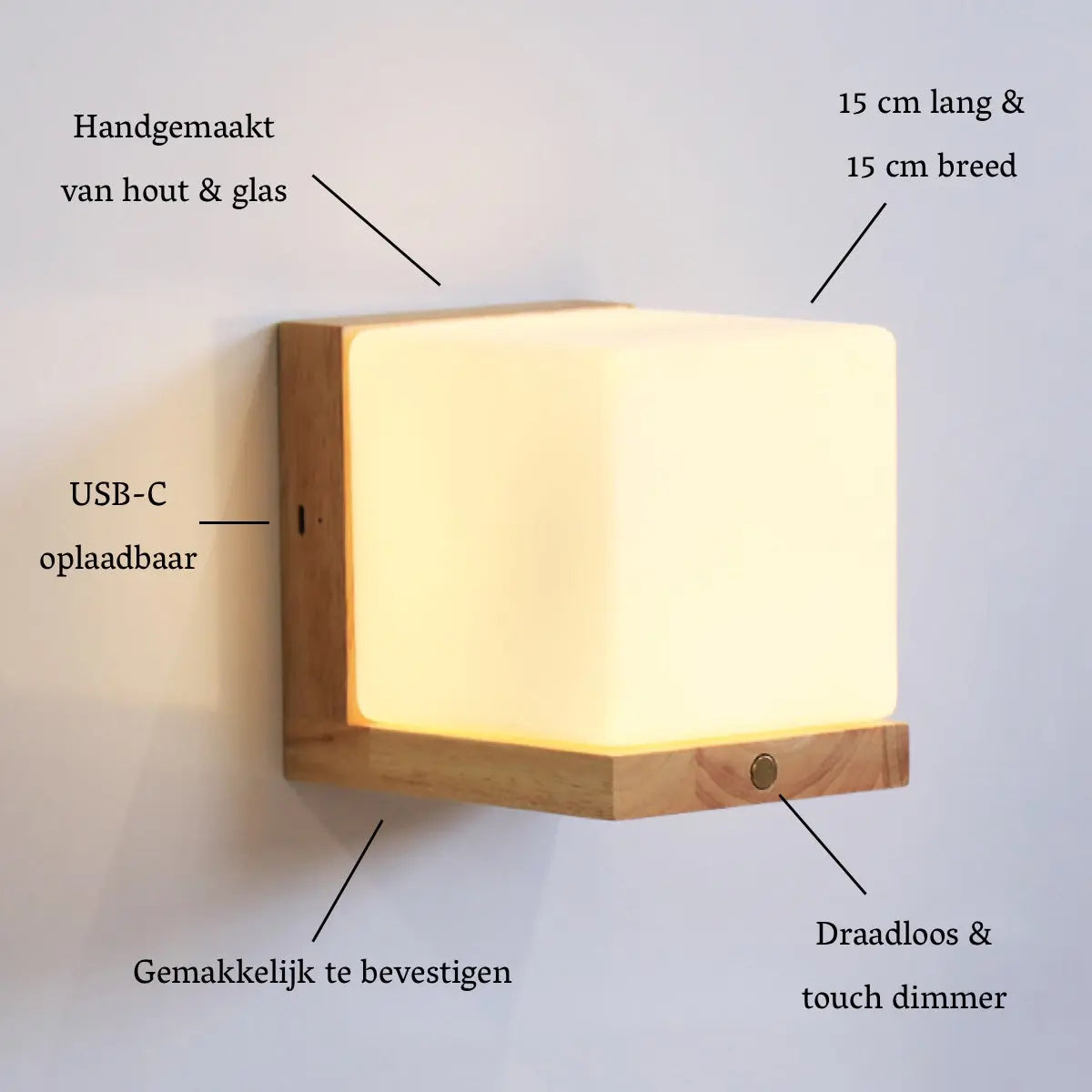 Lizzy Cordless Wooden Wall Lamp – Rechargeable, Dimmable with Frosted Glass Tavellio