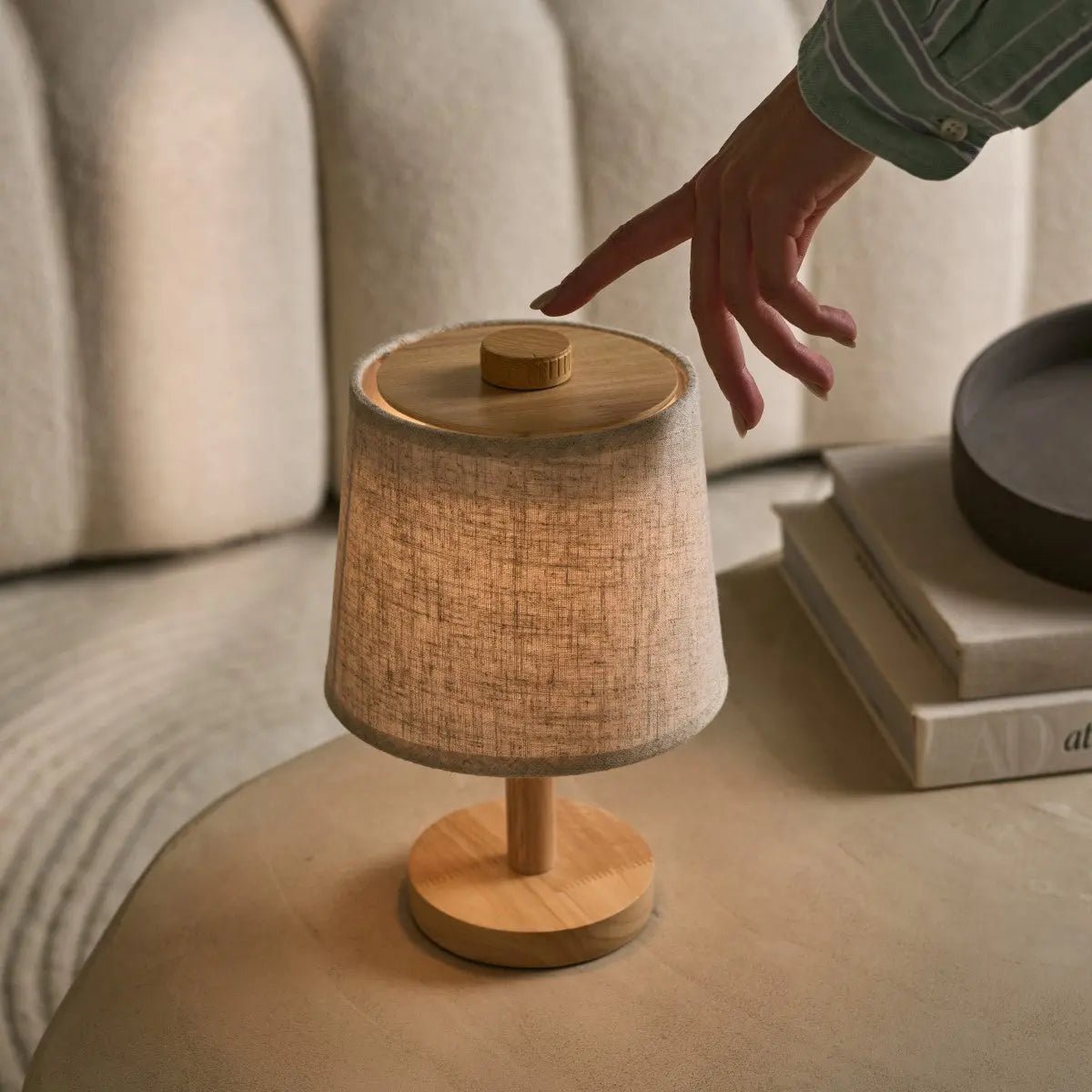 Rover Light Brown  Wooden Rechargeable Lamp | Cordless, Dimmable with Fabric Shade Tavellio