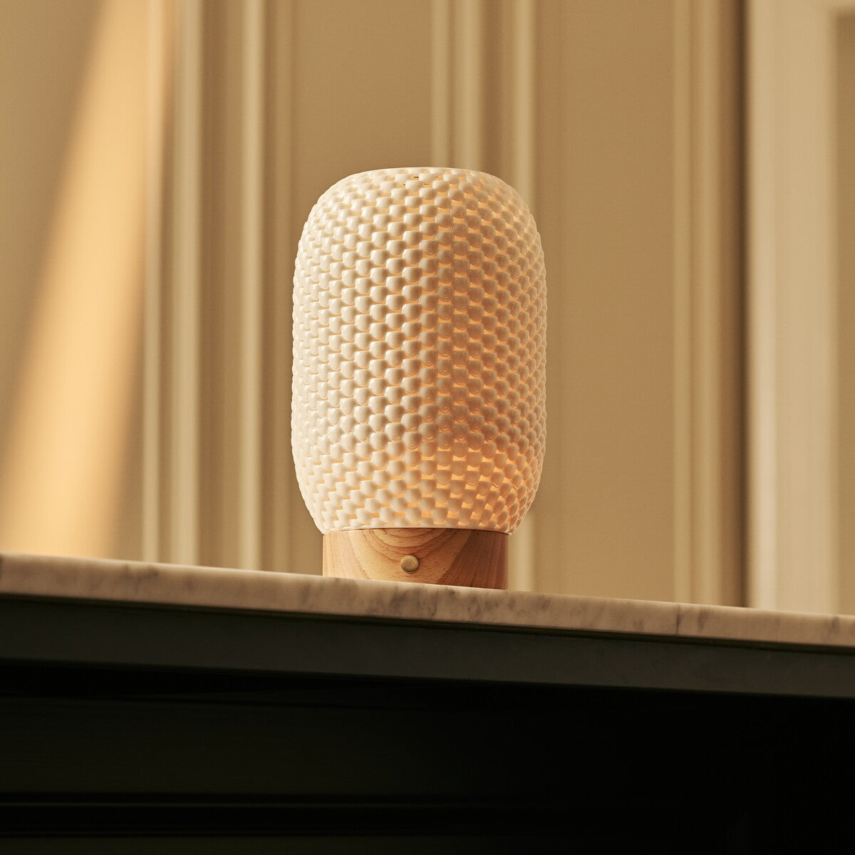 Aurora Light Brown Wooden Cordless Table Lamp | 3D-Printed Porcelain, Dimmable & Up to 100 Hours of Battery Life